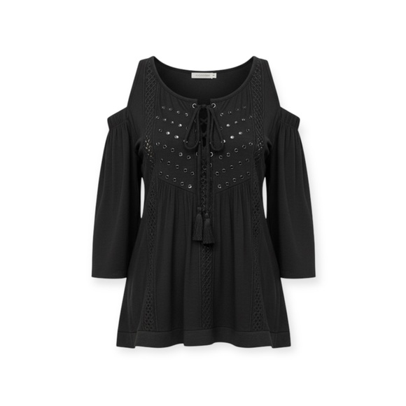 new Hale Bob 𖣔 Shaina Silk Cold Shoulder Cut Out Top 𖣔 Black XS 𖣔 - Picture 4 of 14